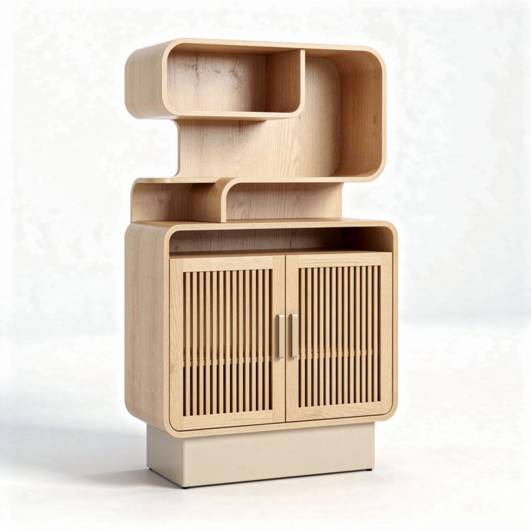 Bibliothèque en bois clair avec étagères courbes et portes en lattes 80 x 40 x 120cm