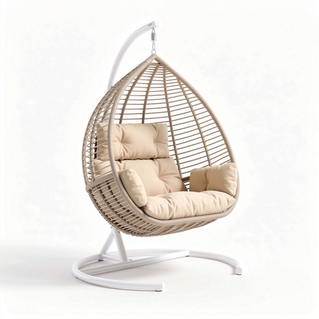 Chaise suspendue en osier tressé avec coussins en tissu gris 90 x 90 x 100cm