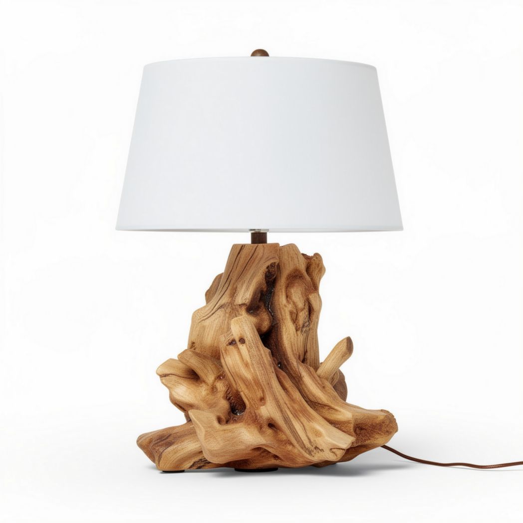 Lampe en bois sculpté avec abat-jour blanc pour intérieur moderne 30 x 30 x 60cm